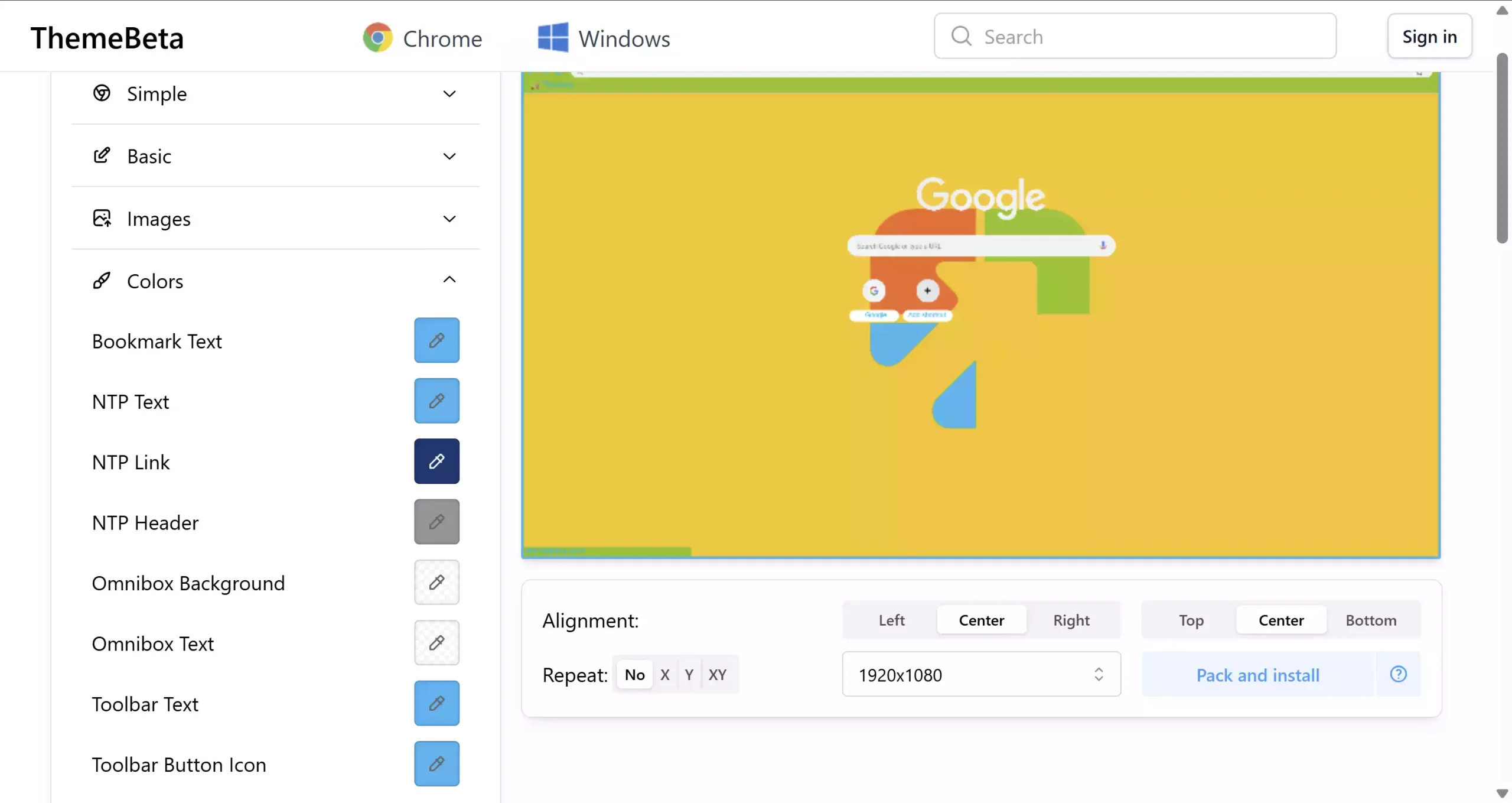 Chrome Theme Colors tab
