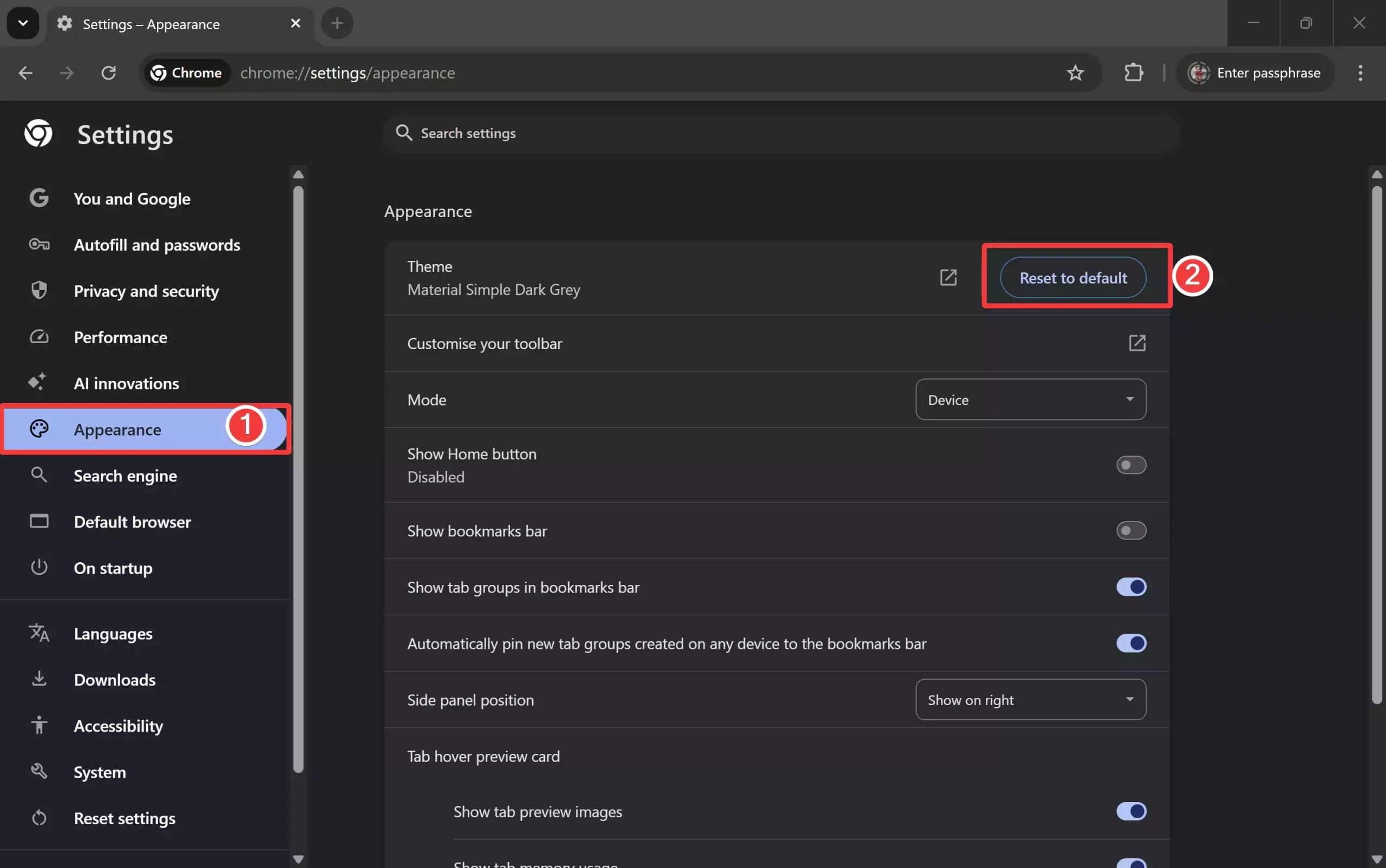 Chrome - Settings - Appearance - Reset to default