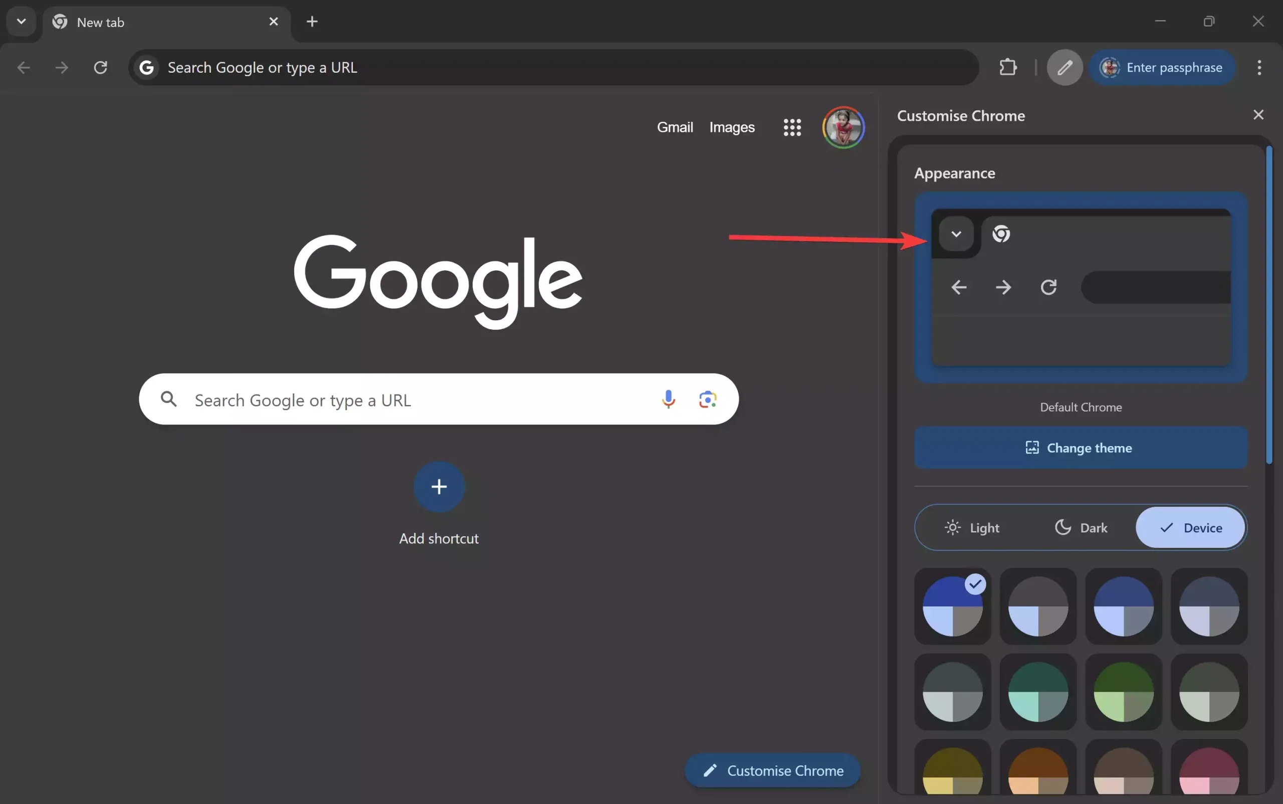down arrow button under Appearance of Chrome side panel