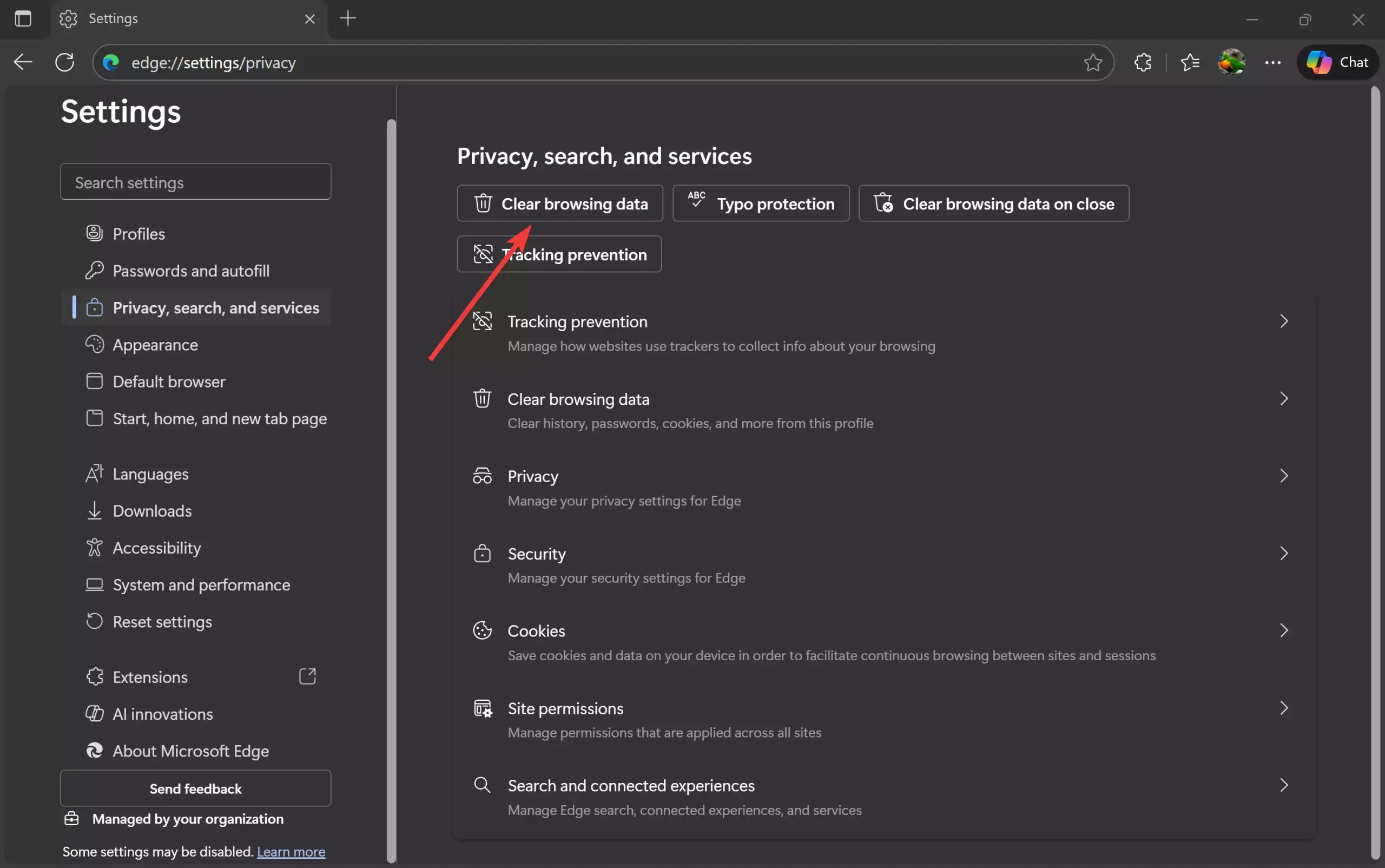 Edge - Clear browsing data