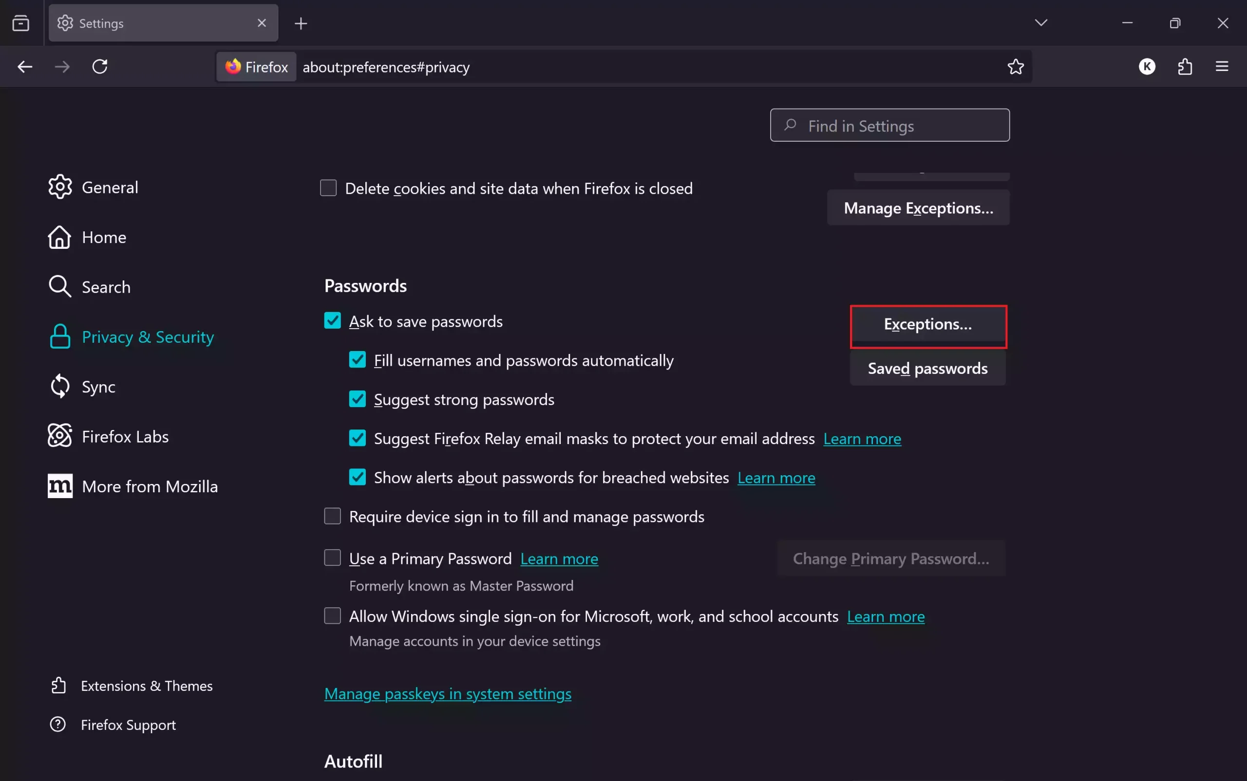 Firefox - Ask to save passwords - Exceptions