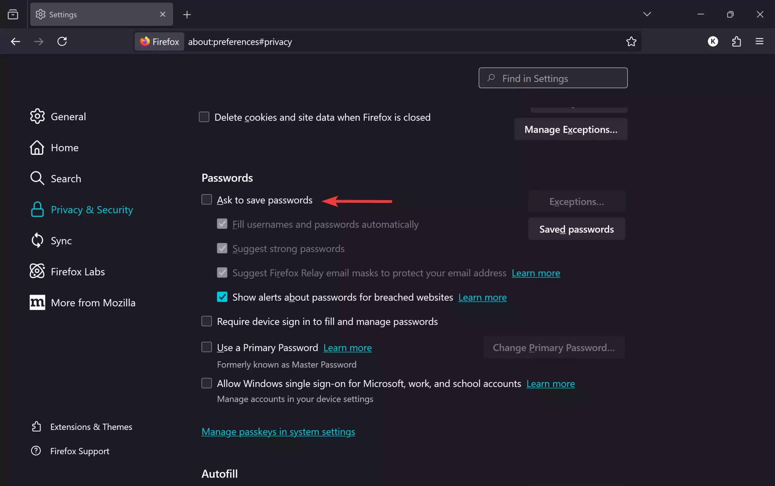 Firefox - Ask to save passwords
