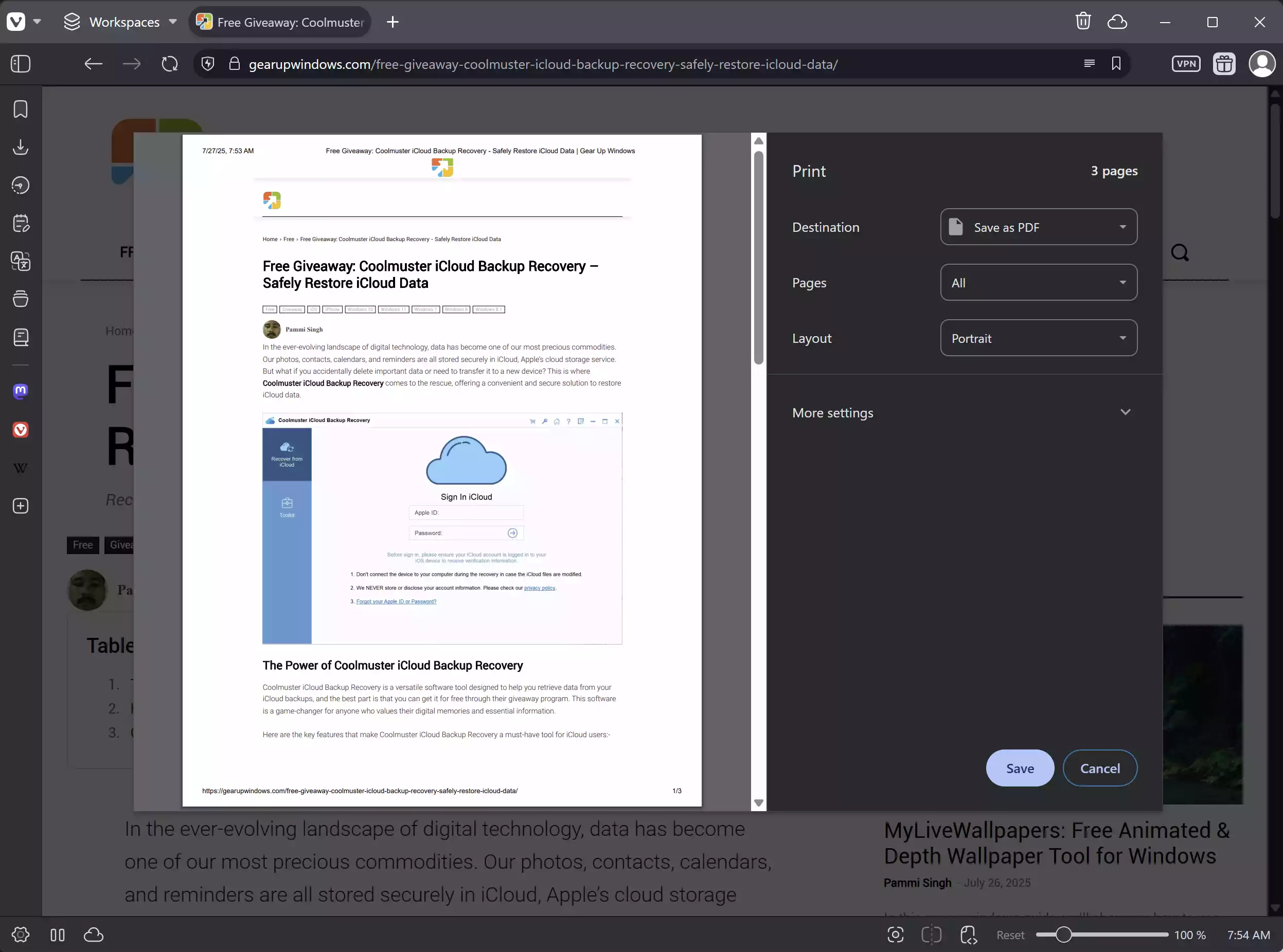 Saving a webpage as PDF in Vivaldi