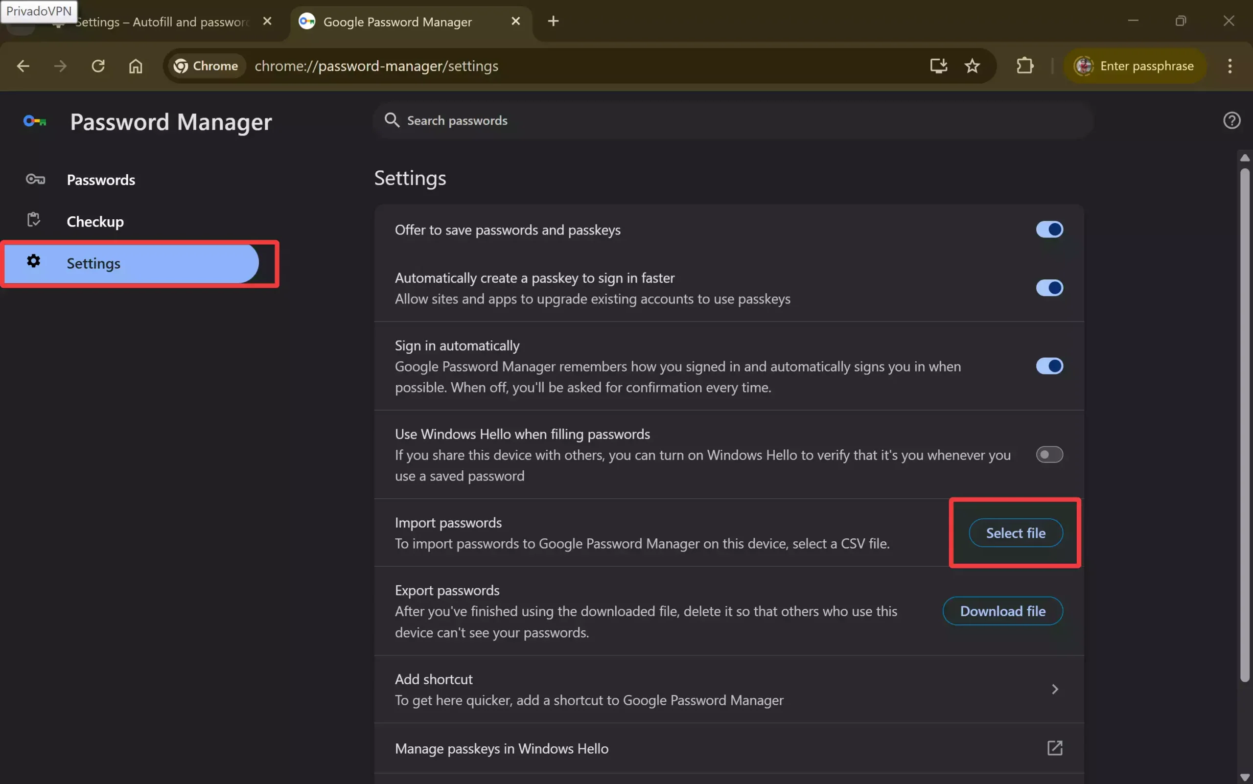 Chrome - Import passwords