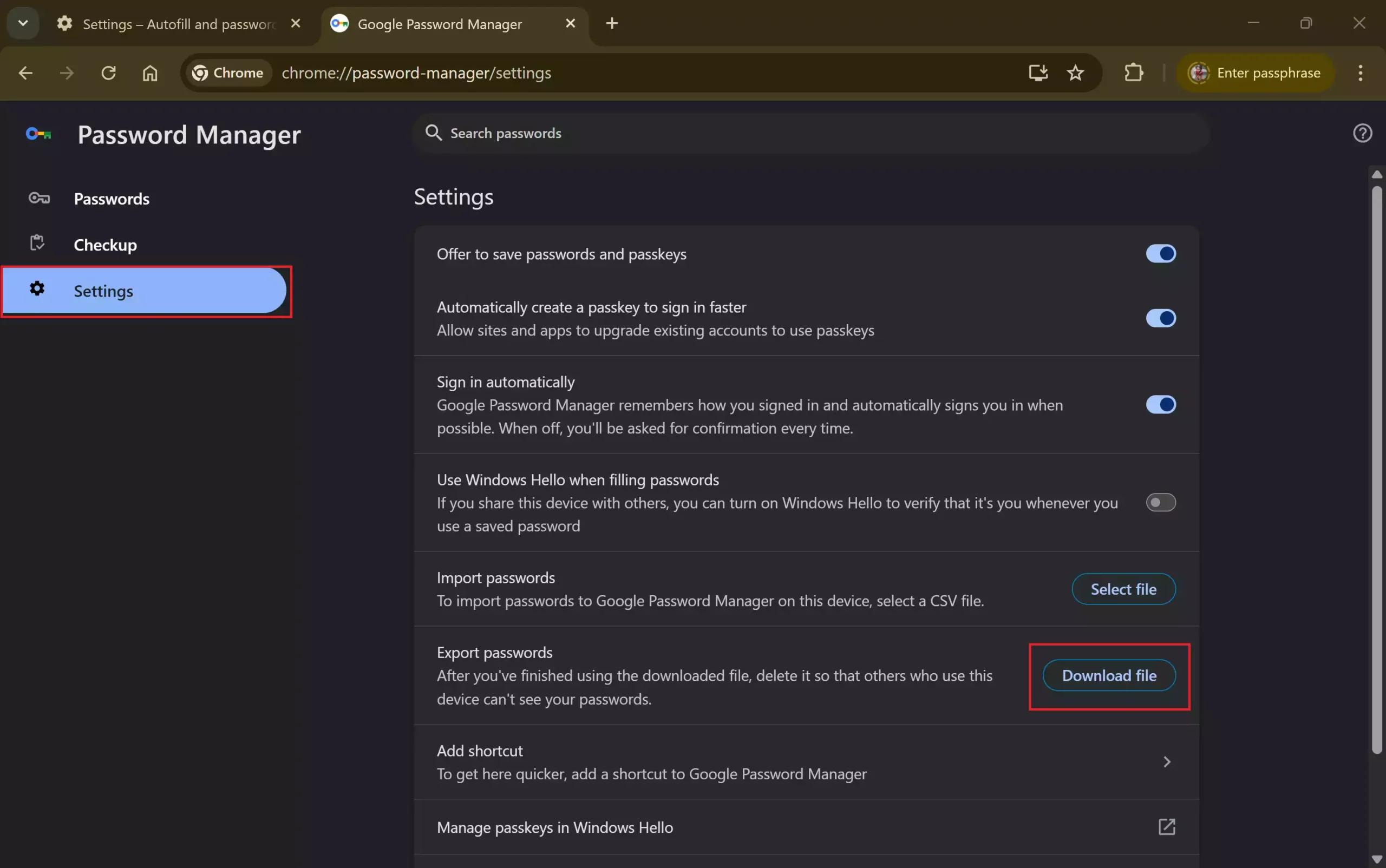 Chrome Password Manager - Settings - Export passwords - Download file