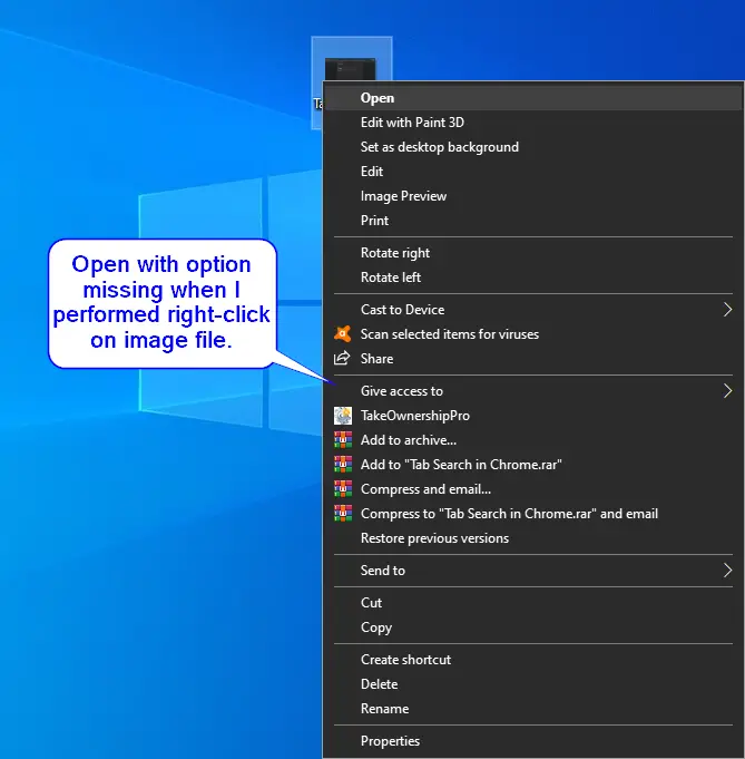 windows 10 open with option missing