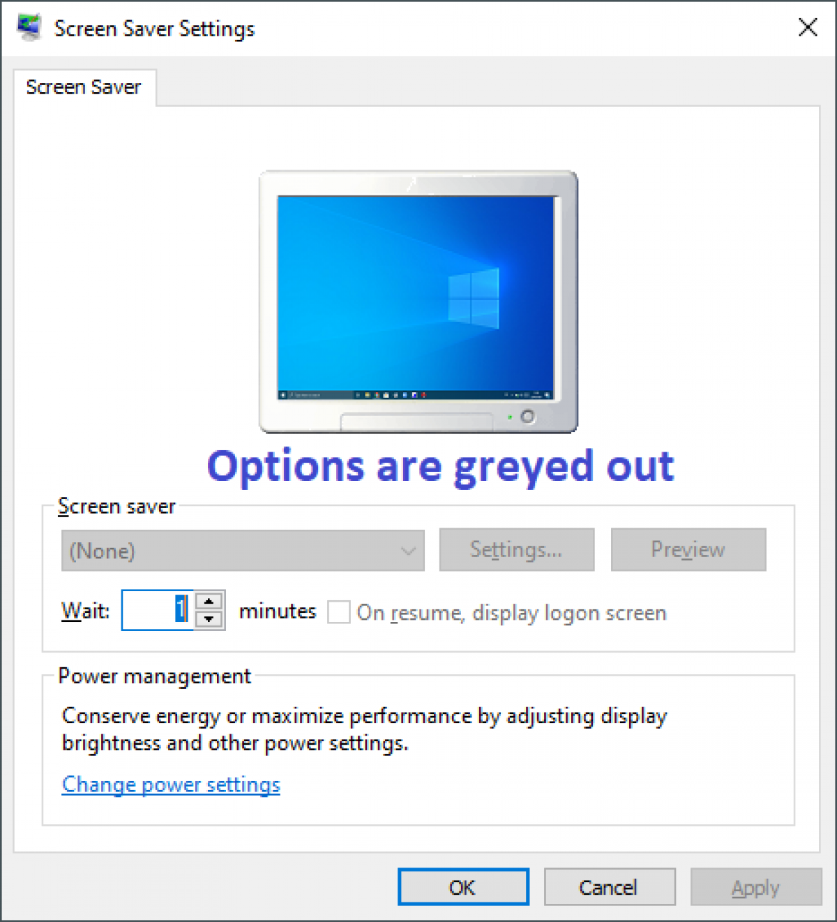 настройки заставки отображаются серым цветом на протяжении всего окна Windows 7