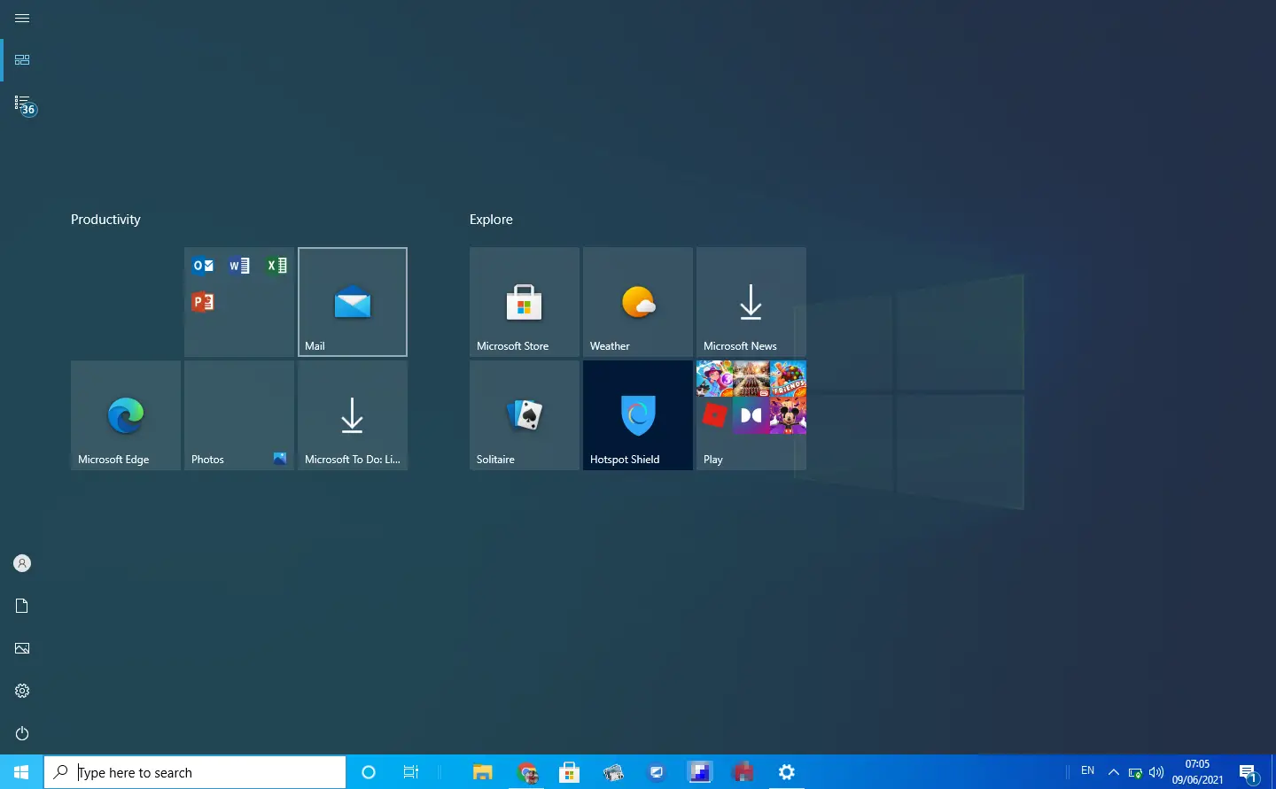 screen start menu windows 10