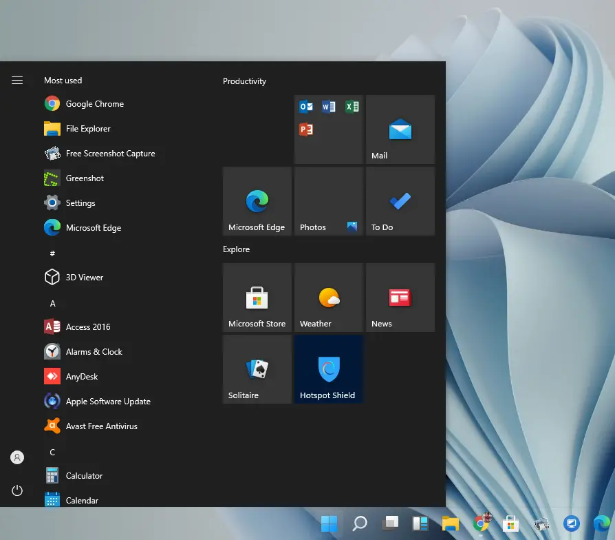 default start menu windows 10