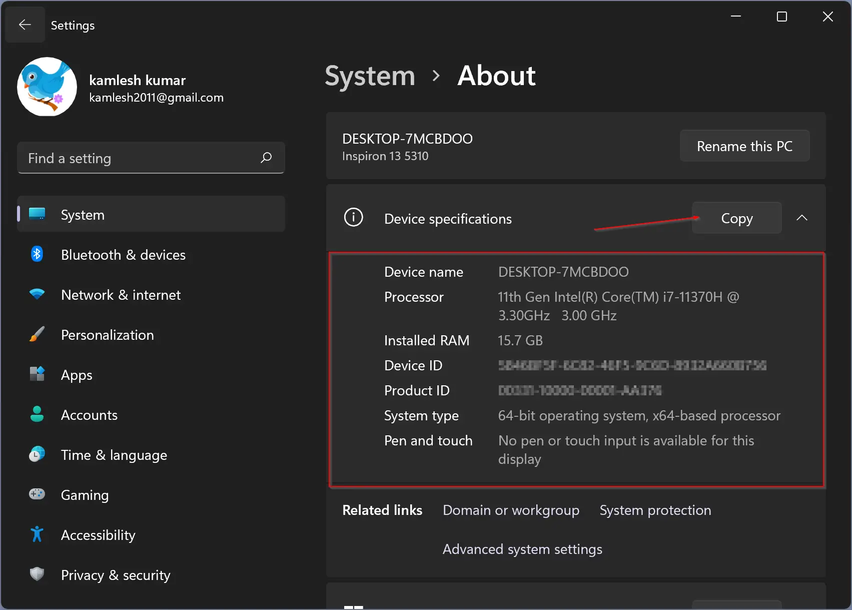 Settings System About PC Details 