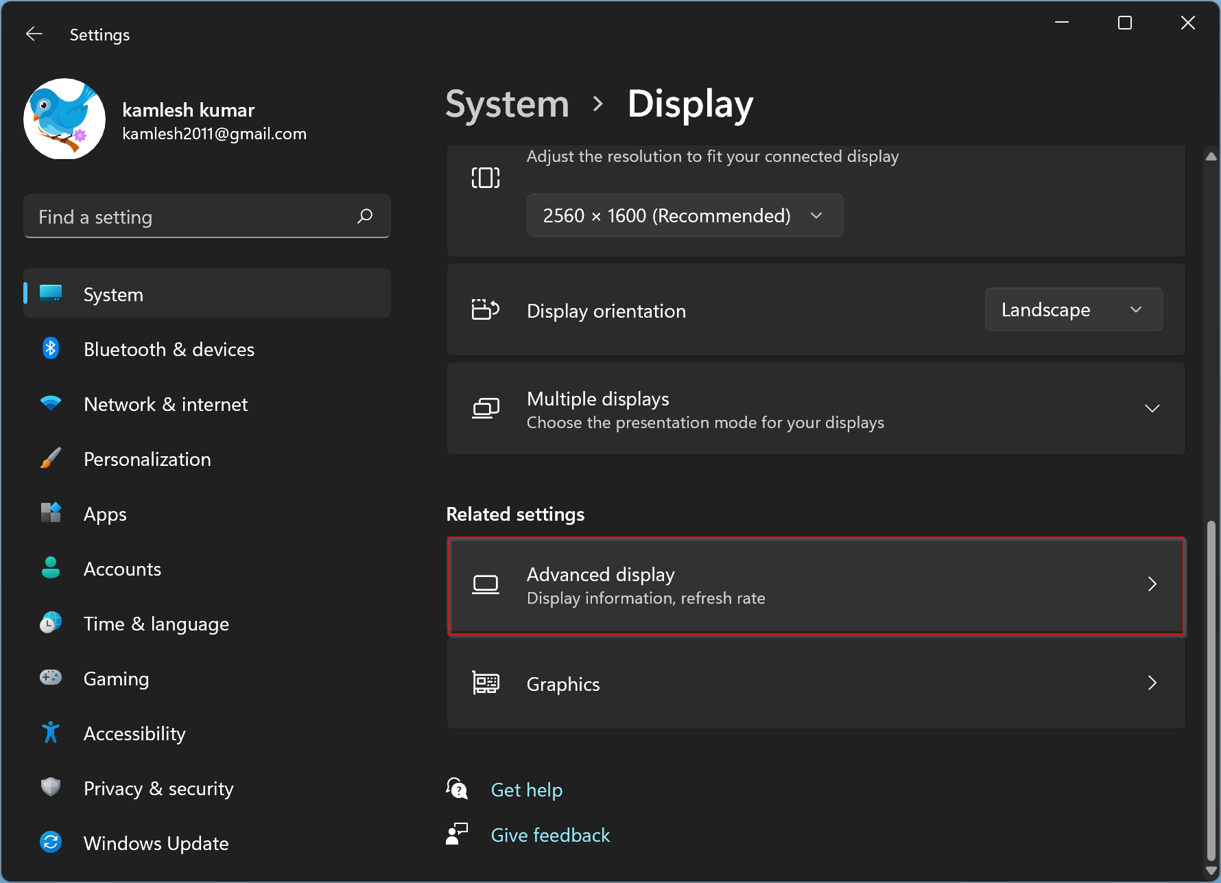 advanced display settings windows 11