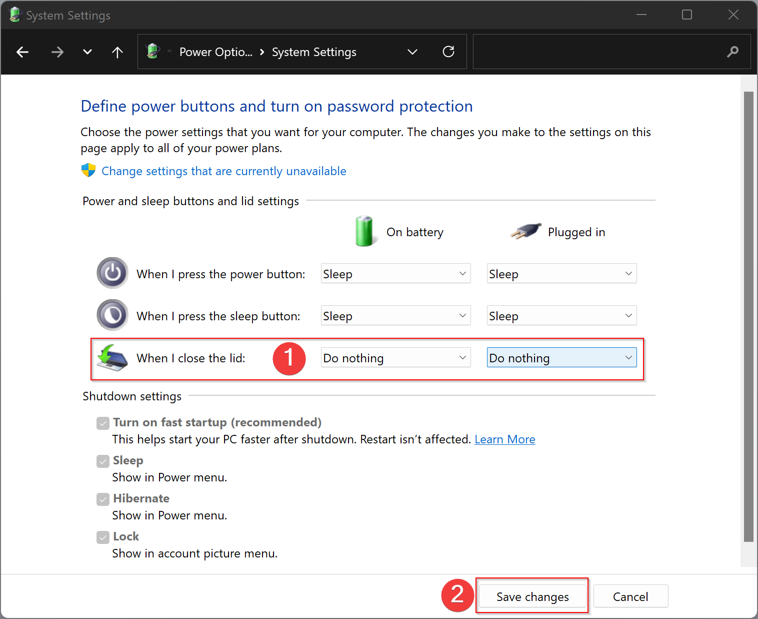 laptop shuts down when closing lid