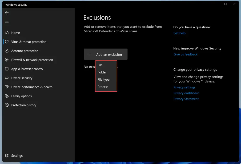 How to Add or Remove Exclusions for Windows Defender in Windows 11