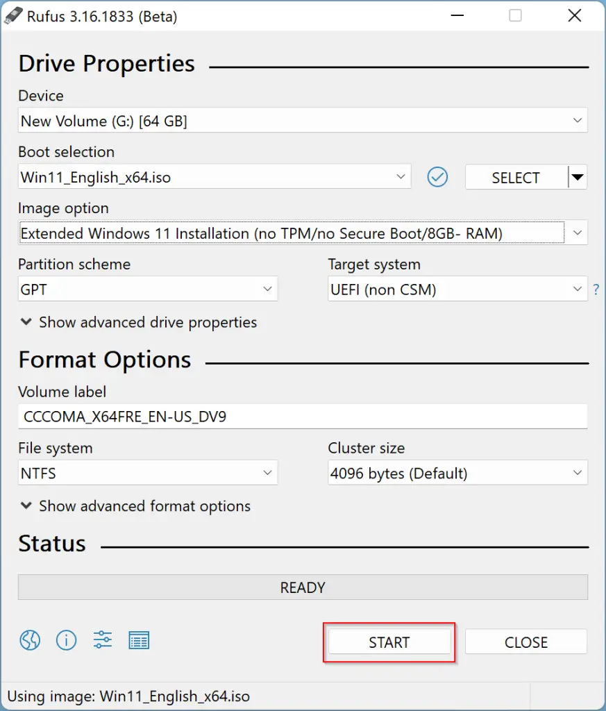 How to use rufus to disable tpm secure boot and ram checks in bootable