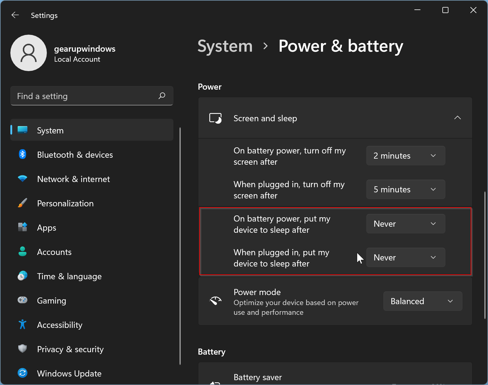 change screen sleep time windows 11