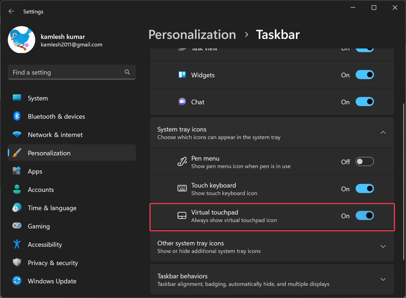 Settings Virtual touchpad toggle