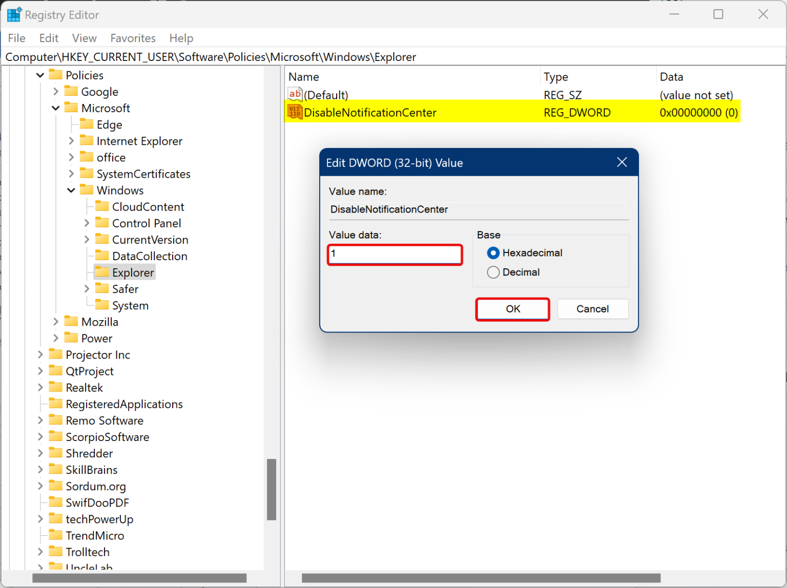 how to turn off notification center windows 11