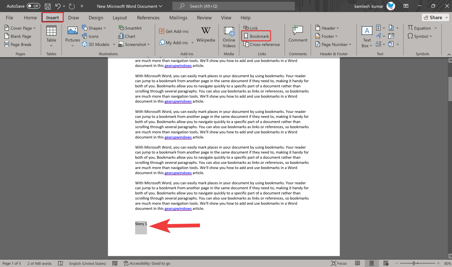 How Create A Bookmark In Word