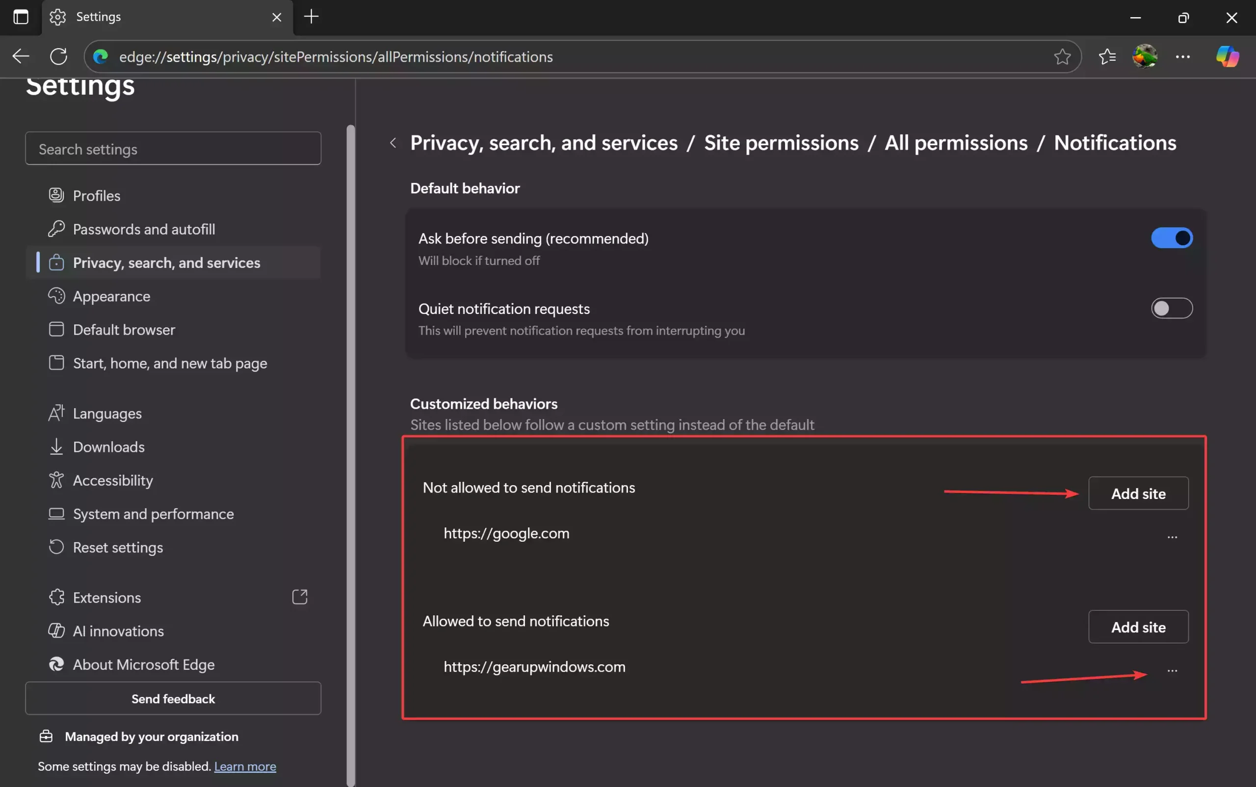 Block Notifications for Specific Website in Edge