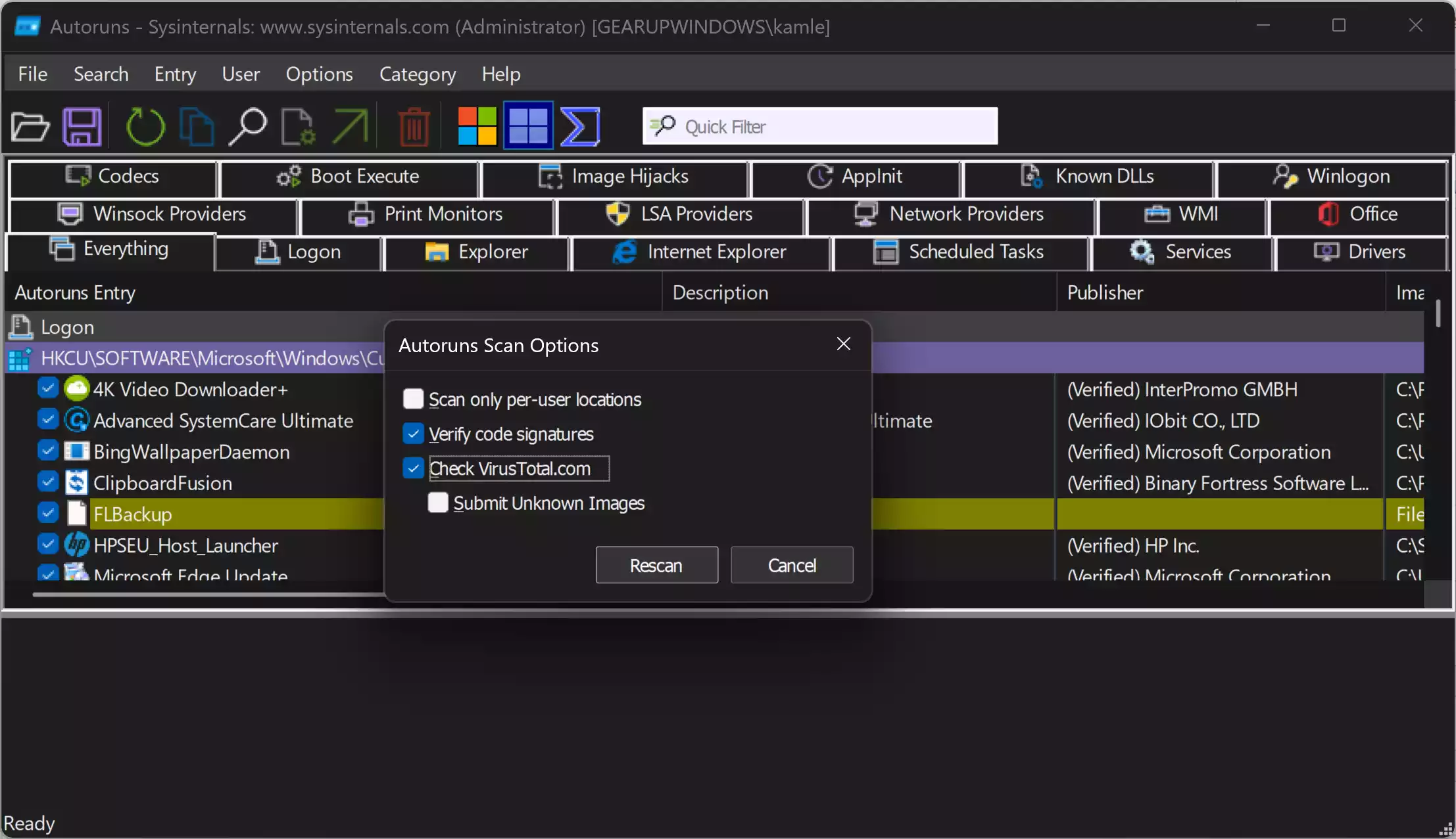 Autoruns Scan Options