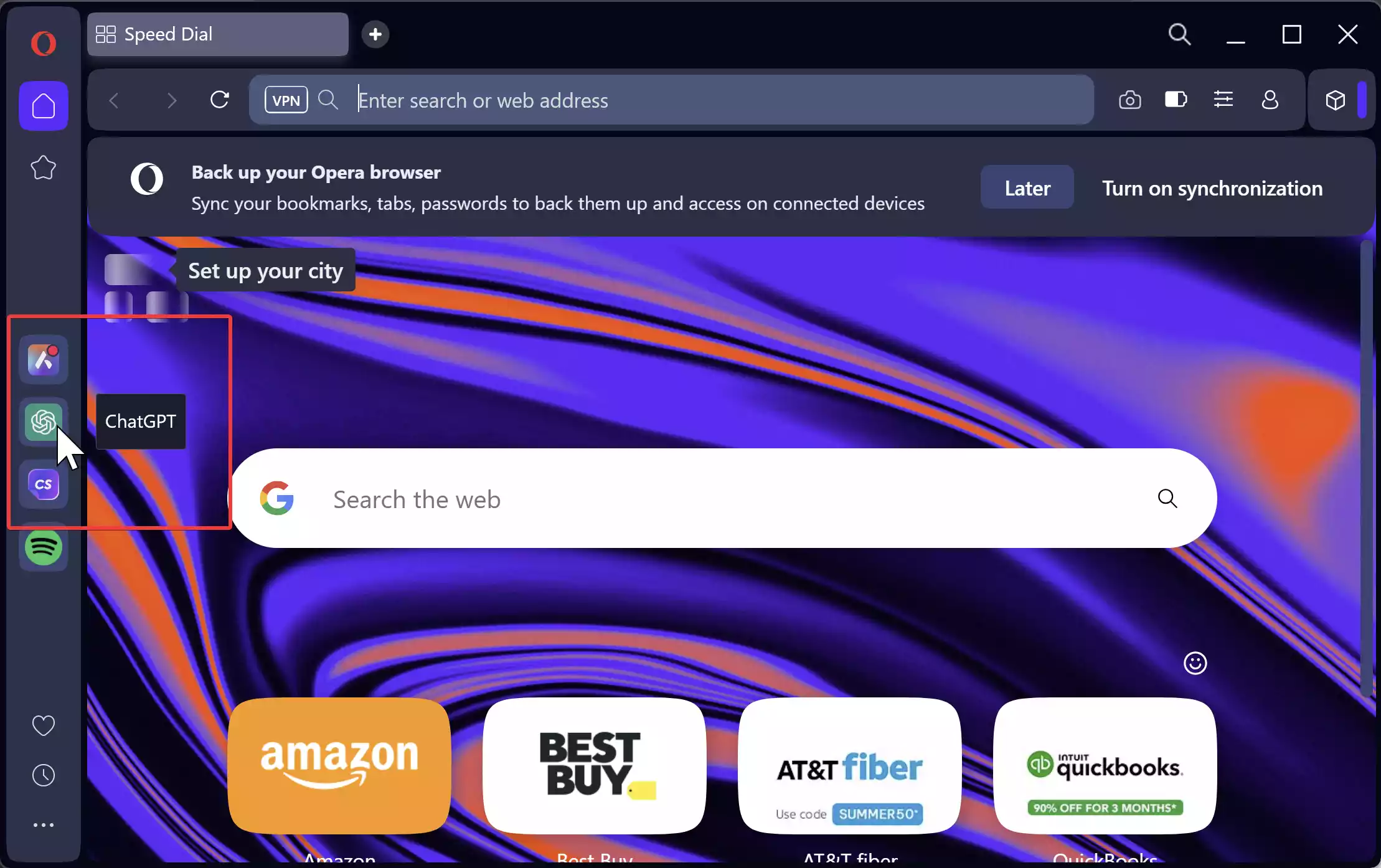 Opera One showing Aria AI panel, ChatGPT shortcut, and privacy controls with VPN toggle