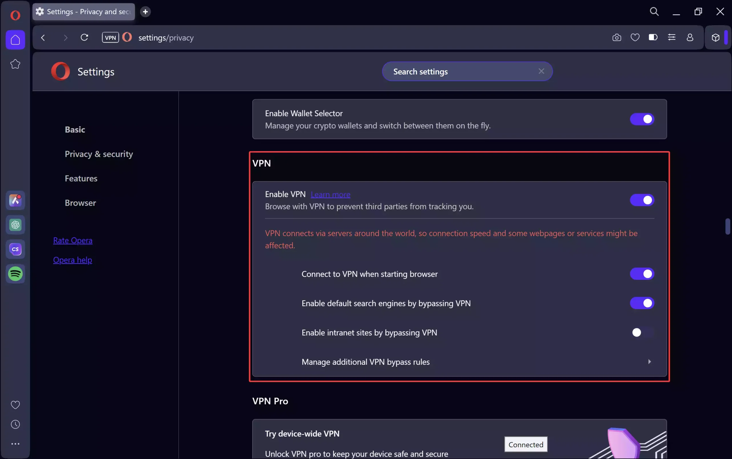 Opera One privacy settings page on Windows with VPN and tracker blocking toggles enabled