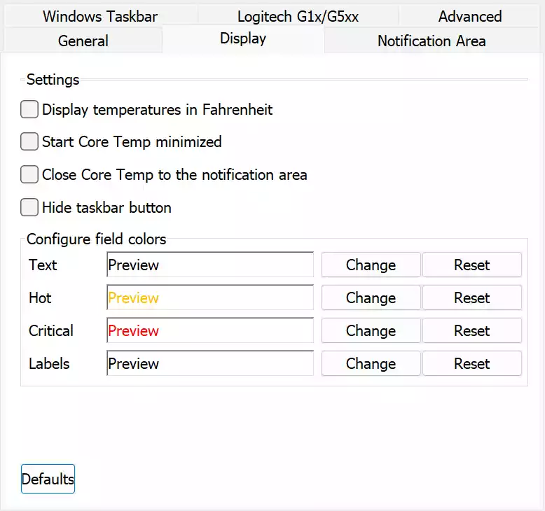 Core Temp Display Settings