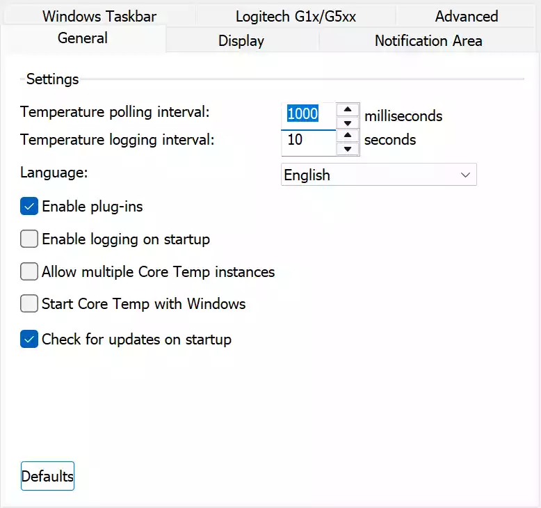 Core Temp General Settings