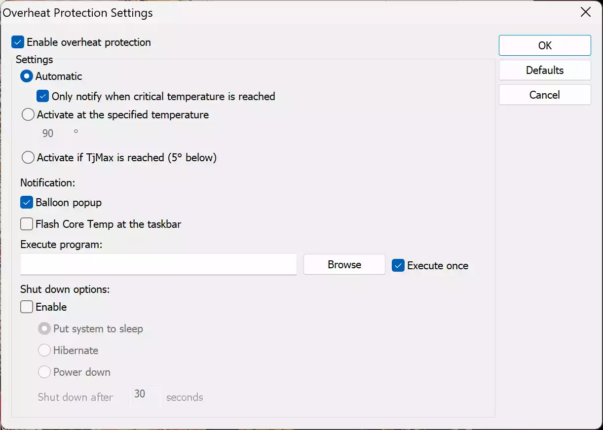 Core Temp Overheat Protection Settings