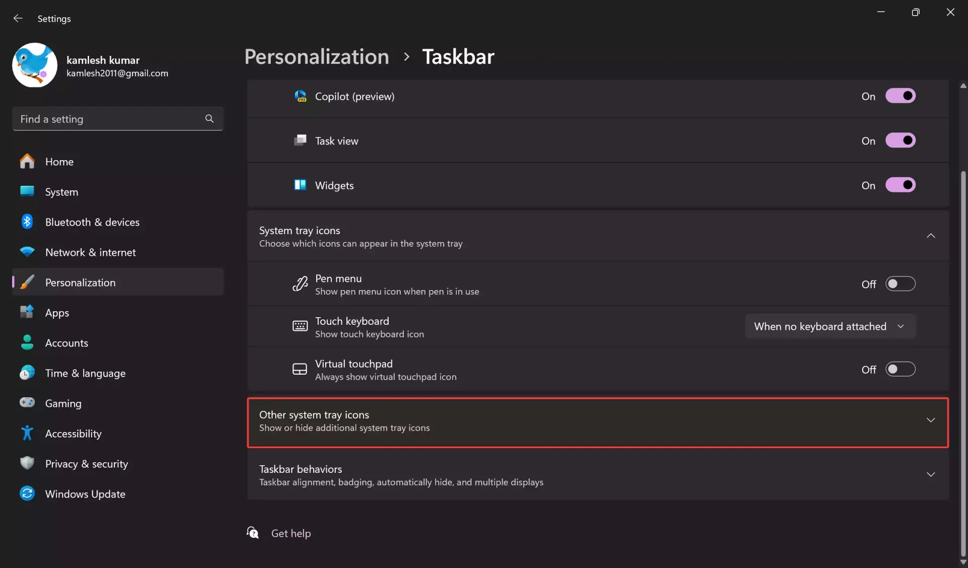 Turn on or off the toggle next to each app or system icon