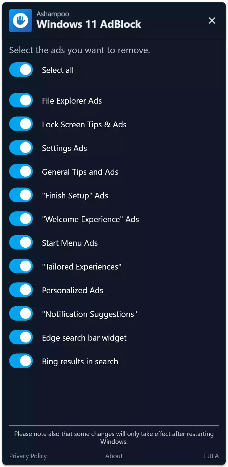 Ashampoo Windows 11 AdBlock Interface