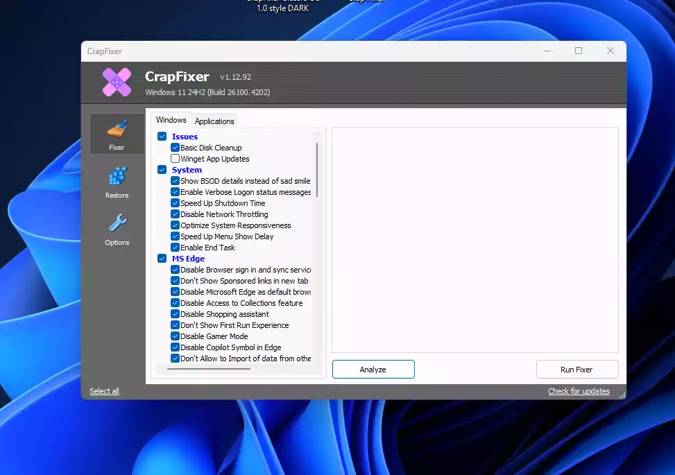 CrapFixer Analyze Fix screen