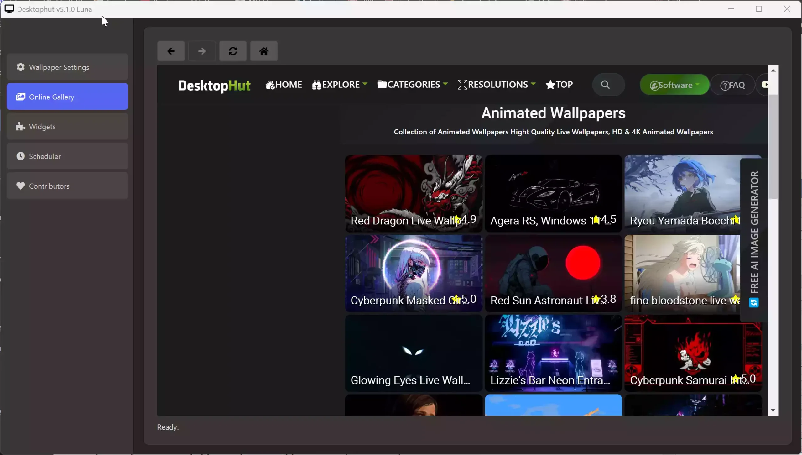 DesktopHut Online Gallery tab with live wallpaper options