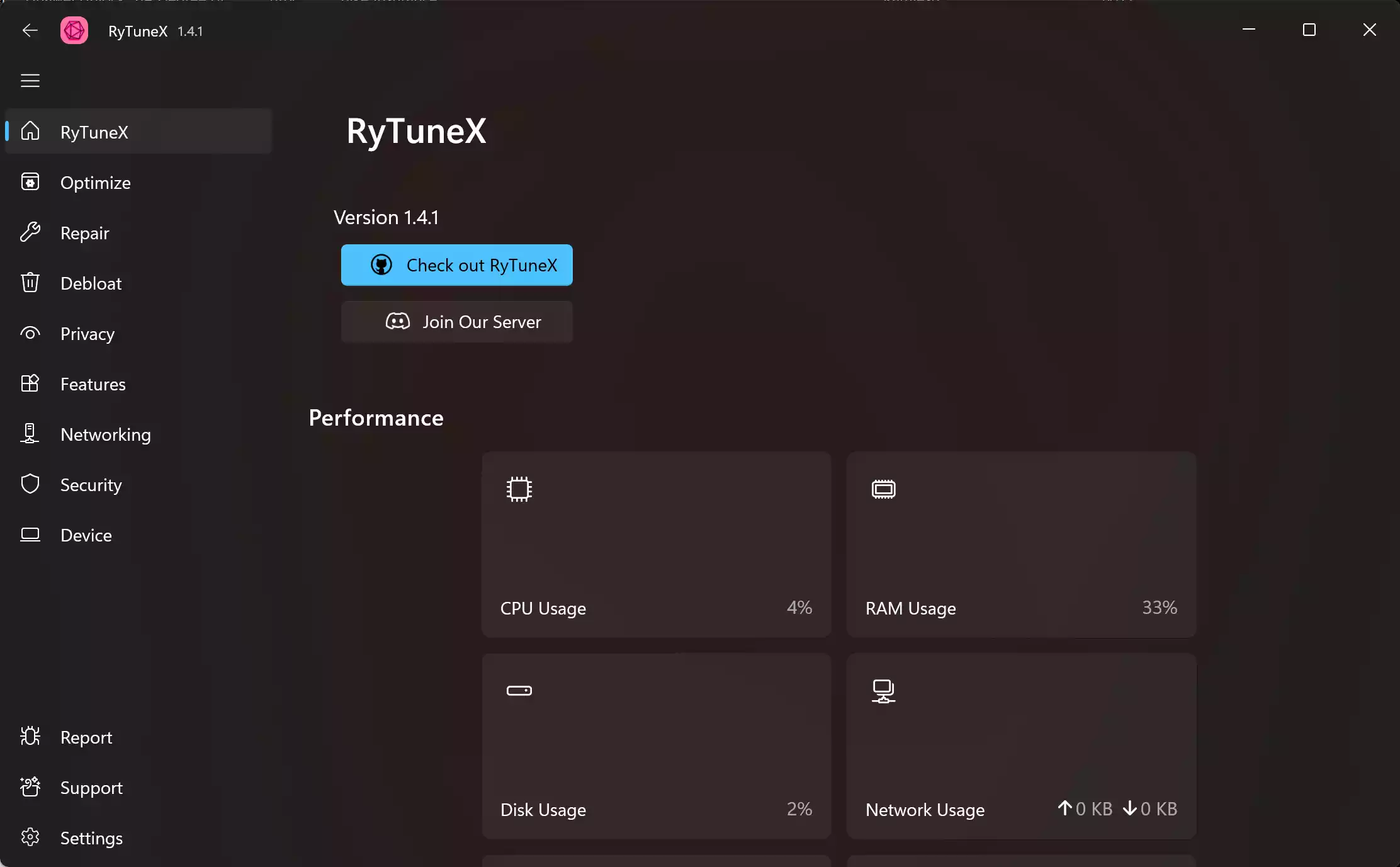 RyTuneX Windows optimizer with privacy controls, performance tweaks, and bloatware removal