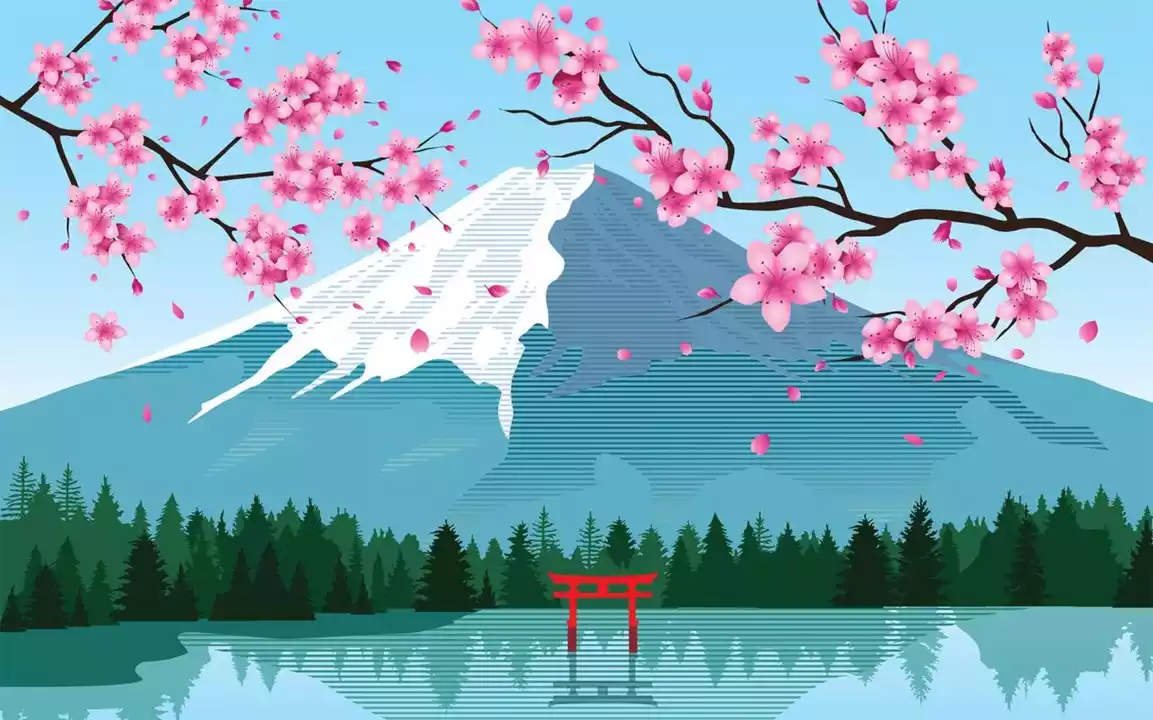 Springtime Art theme featuring cherry blossoms and Mount Fuji
