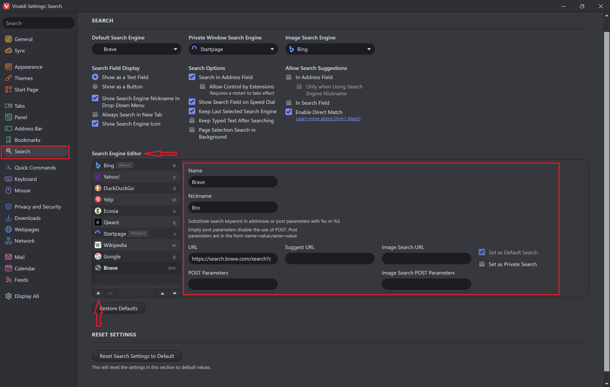 Add a new search engine in Vivaldi