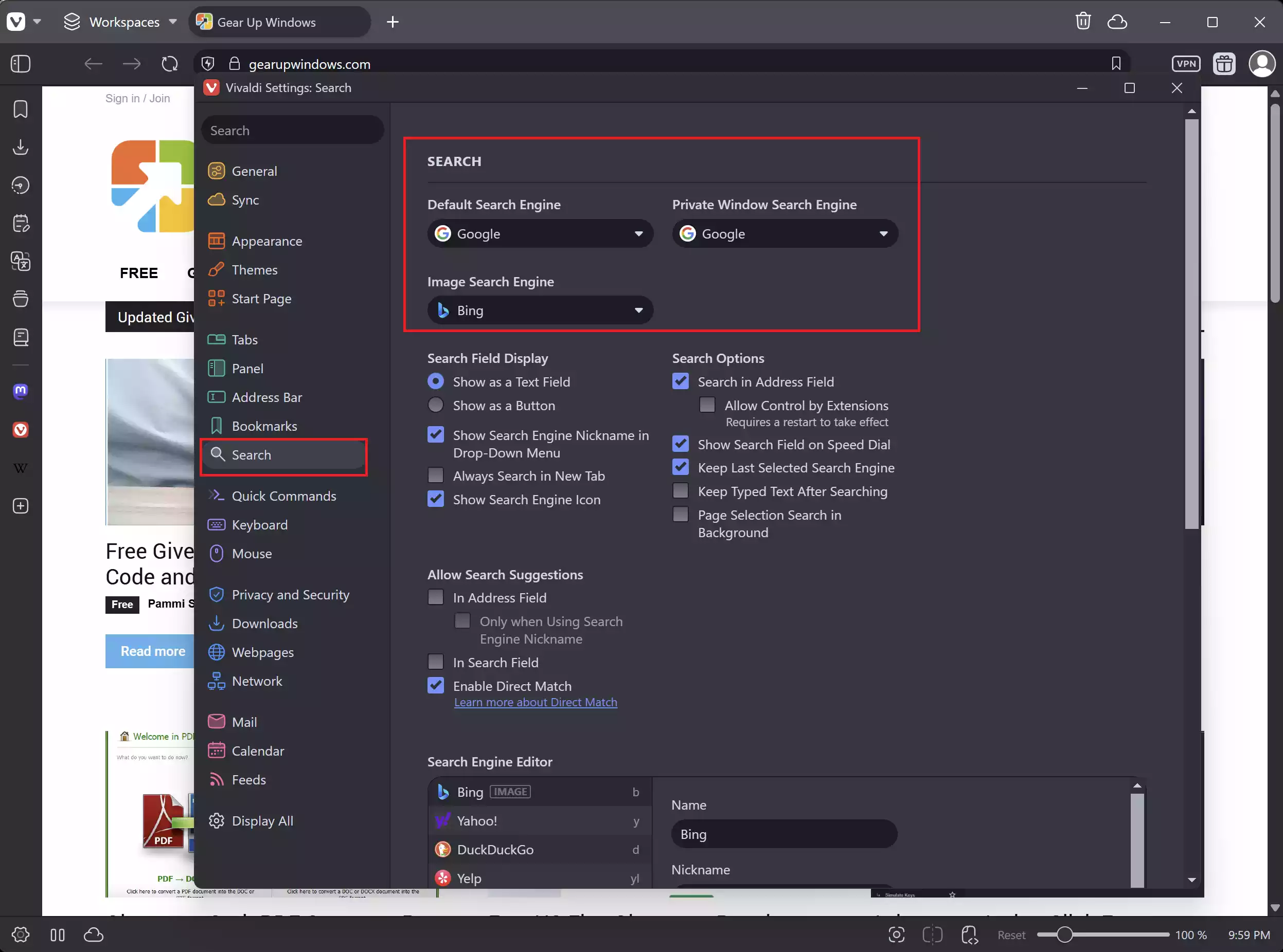 Search settings in Vivaldi