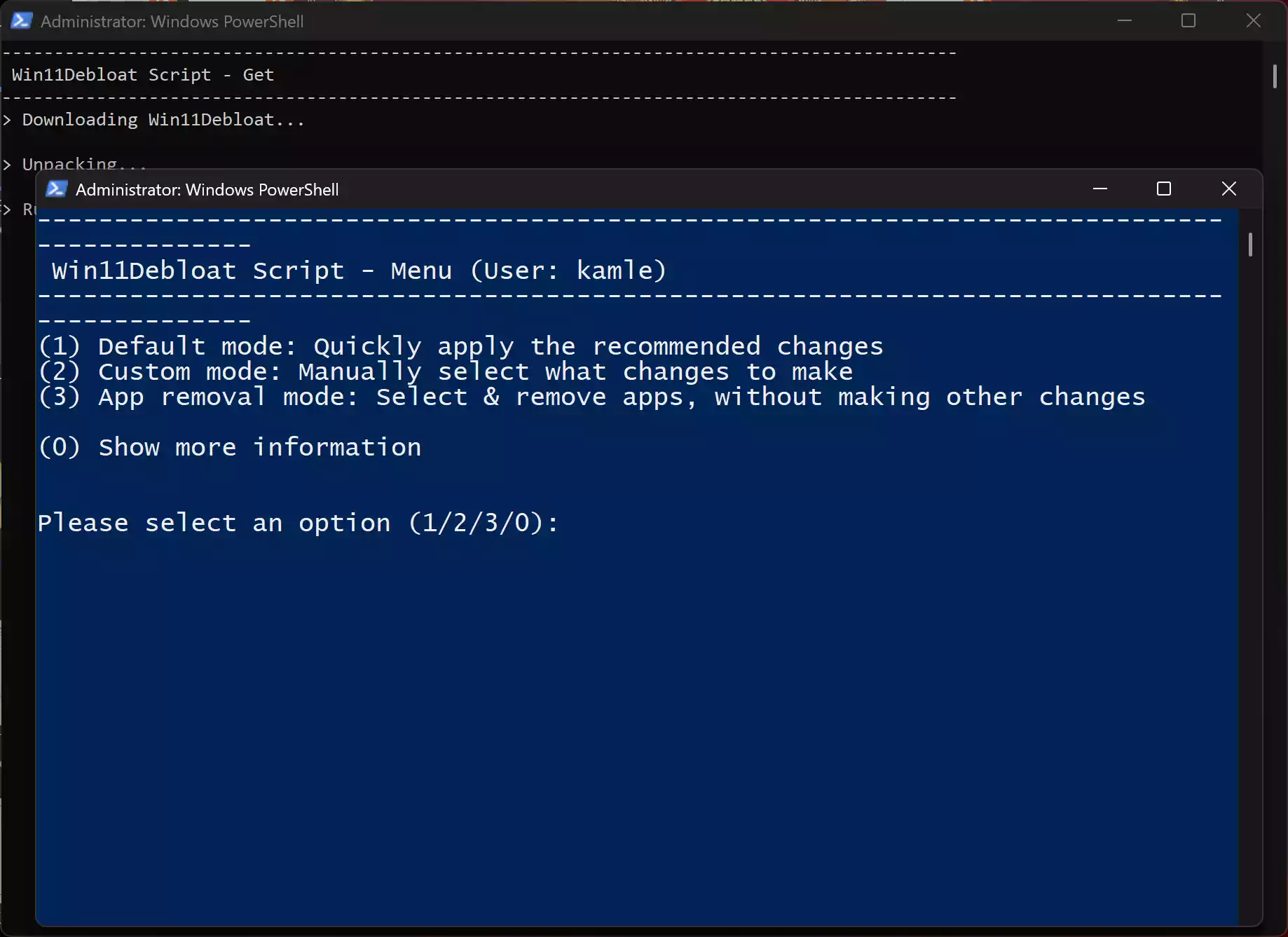 Win11Debloat PowerShell script removing Windows 11 or 10 bloatware using safe defaults
