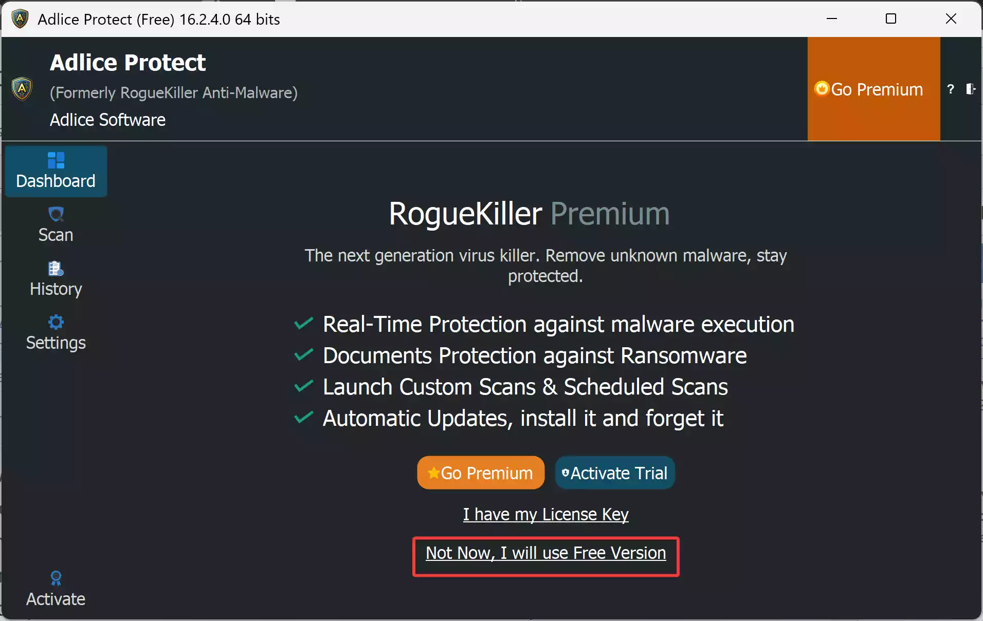 Adlice Protect Free - Not Now, I will use Free Version