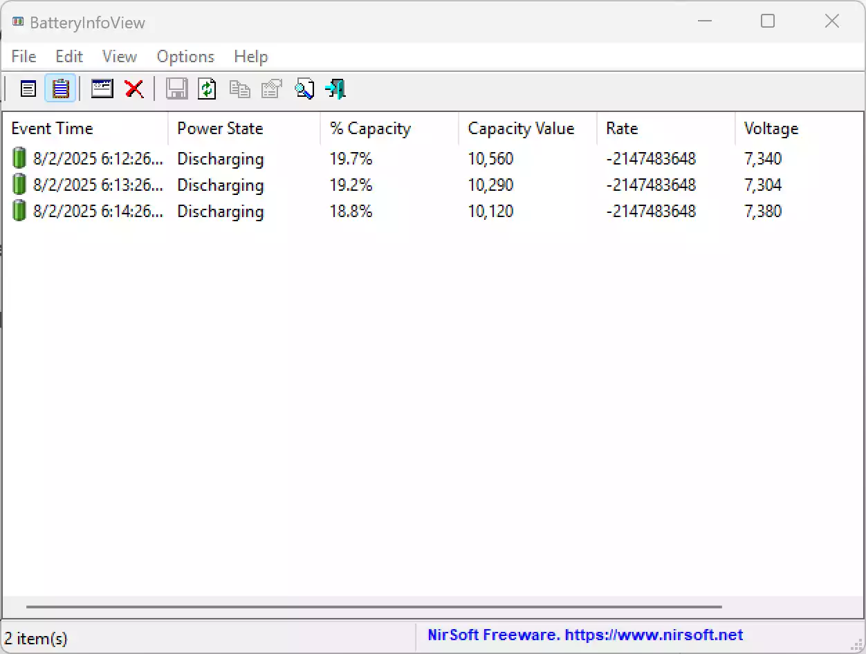 BatteryInfoView History and Log