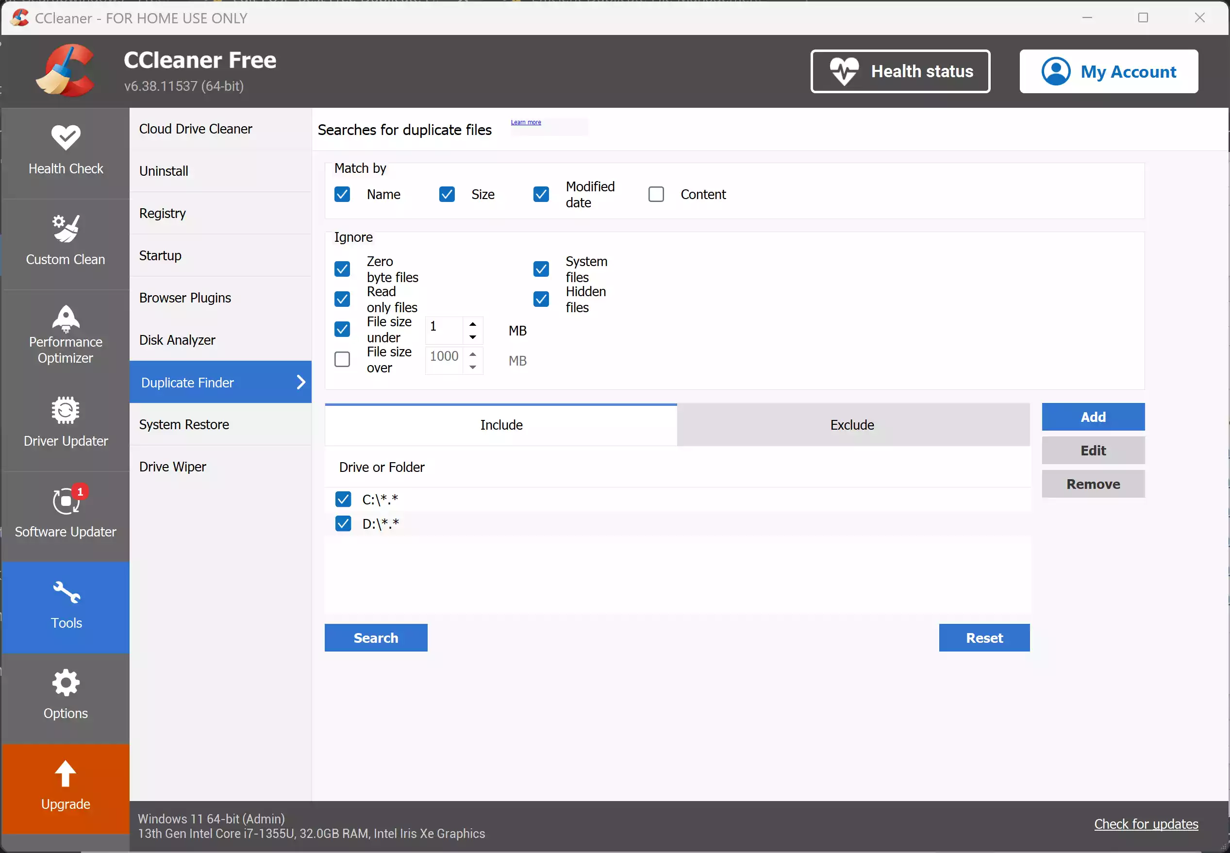 CCleaner Free Duplicate Finder
