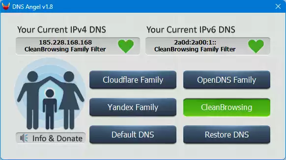 DNS Angel interface showing family-safe DNS options