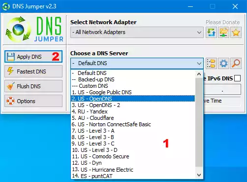 DNS Jumper - Select a DNS and apply
