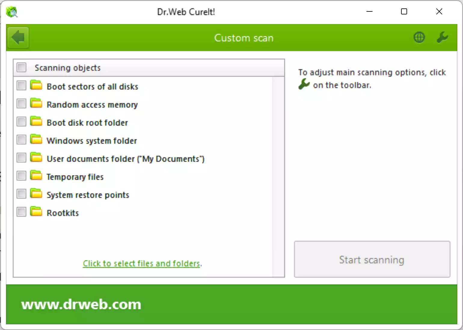 Dr.Web CureIt! Custom scan — select objects like boot sectors, RAM, system folders, user documents, rootkits