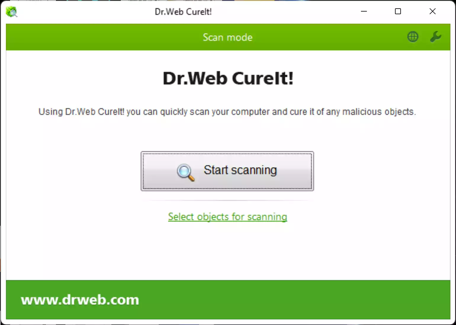 Dr.Web CureIt! interface on Windows showing Express and Custom scan options