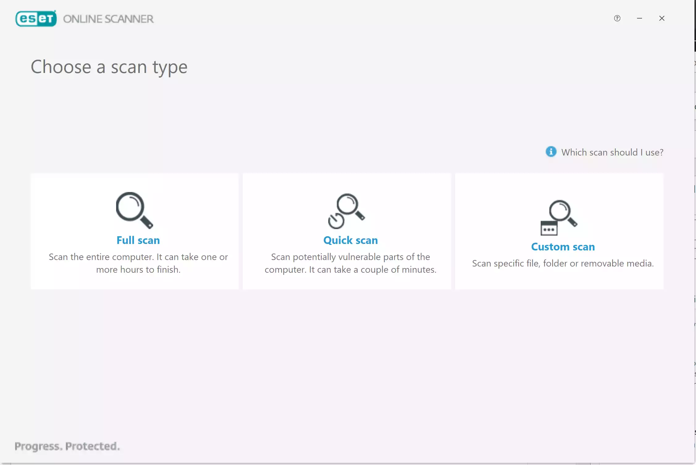 ESET Online Scanner scanning options on Windows (Quick, Full, Custom)