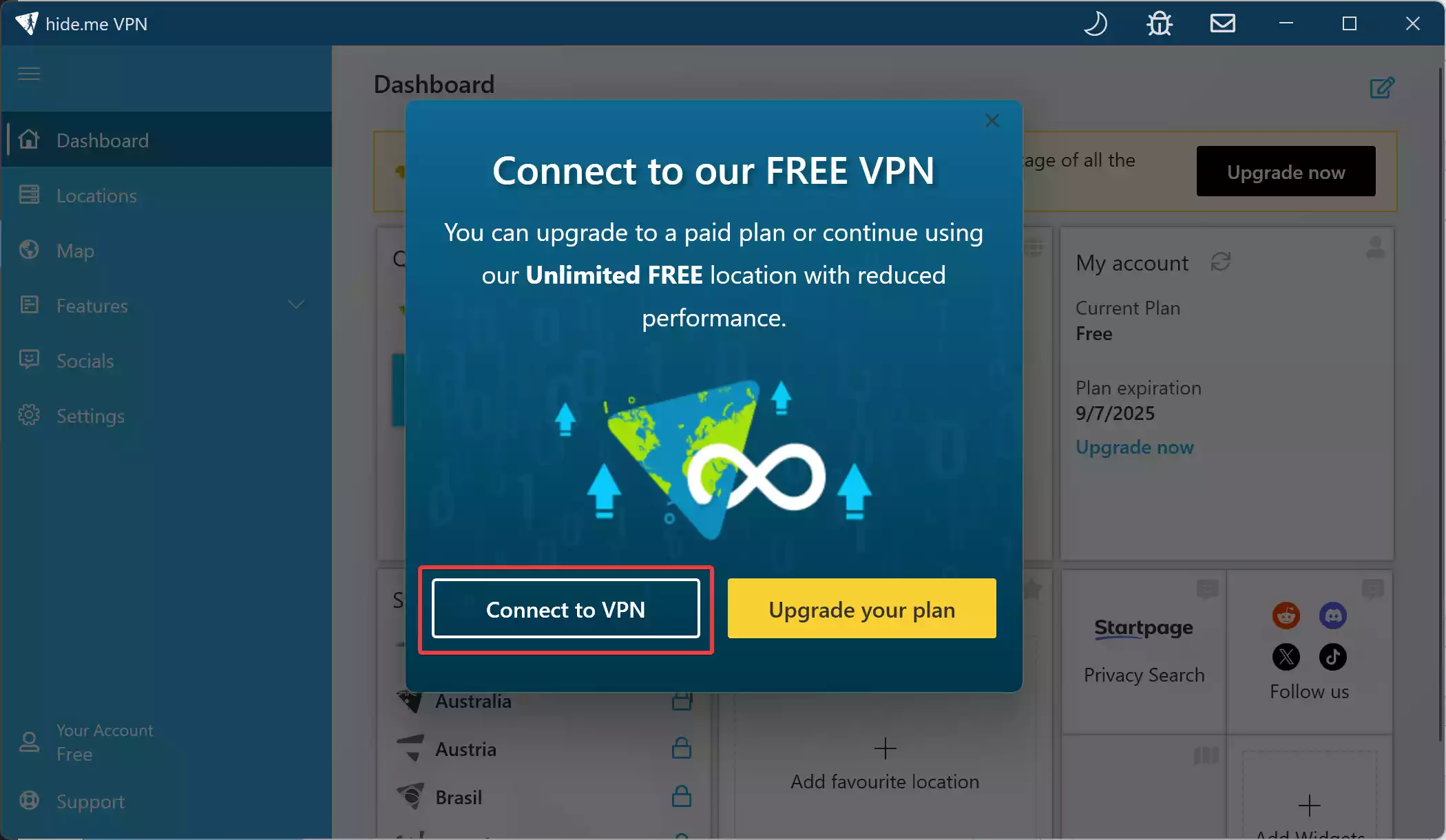 Hide.me Free VPN connection screen