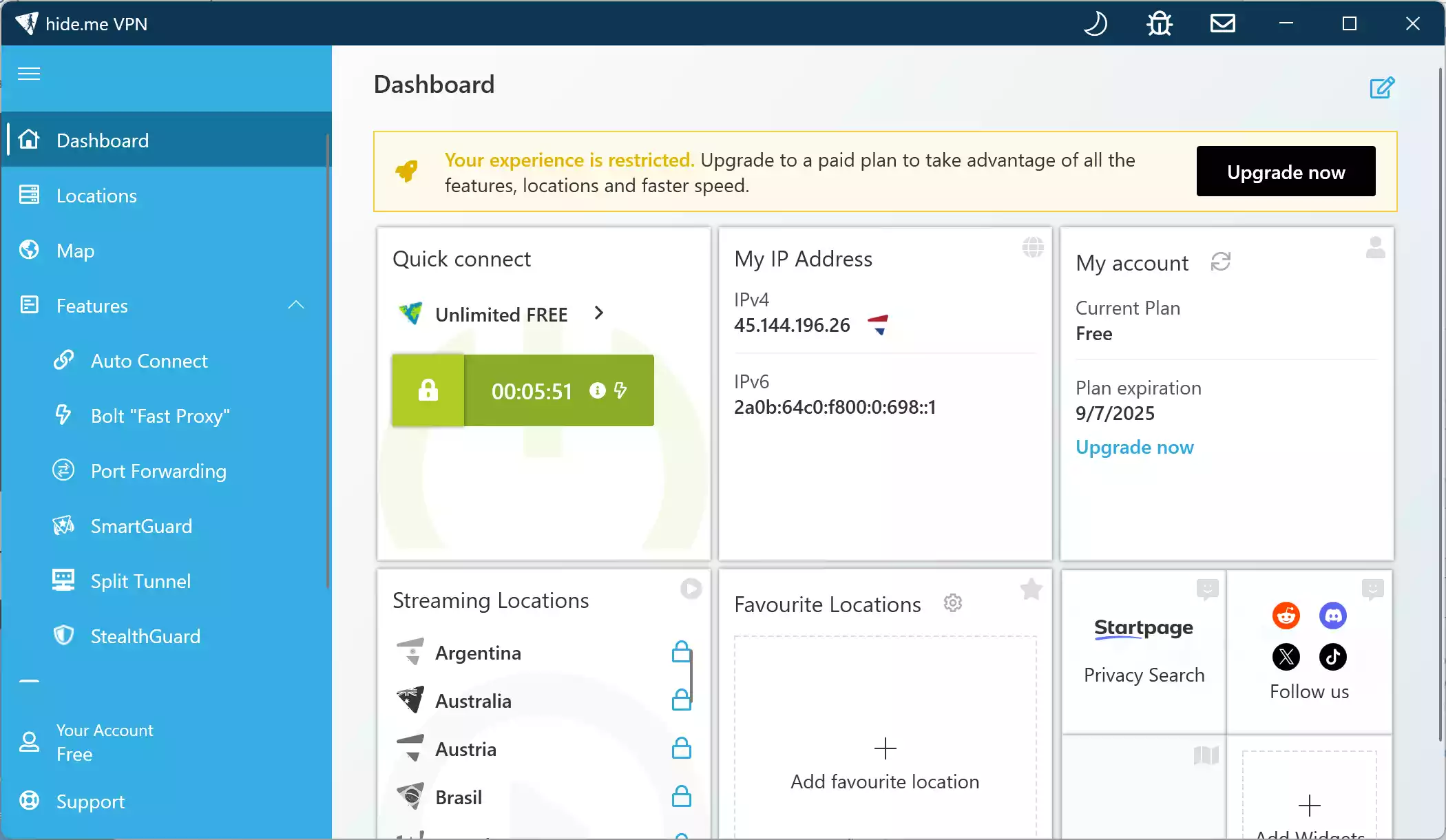 Hide.me Free VPN dashboard on Windows showing server selector and connection status