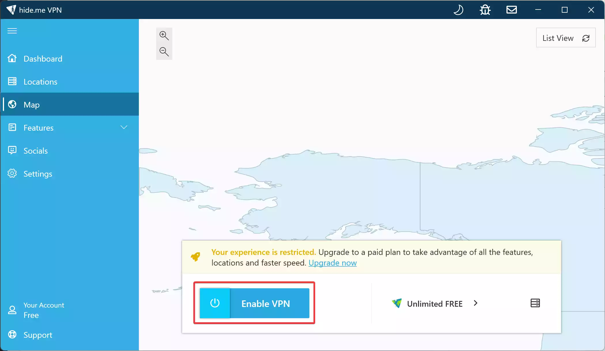Hide.me app on Windows highlighting the Enable VPN toggle before connection