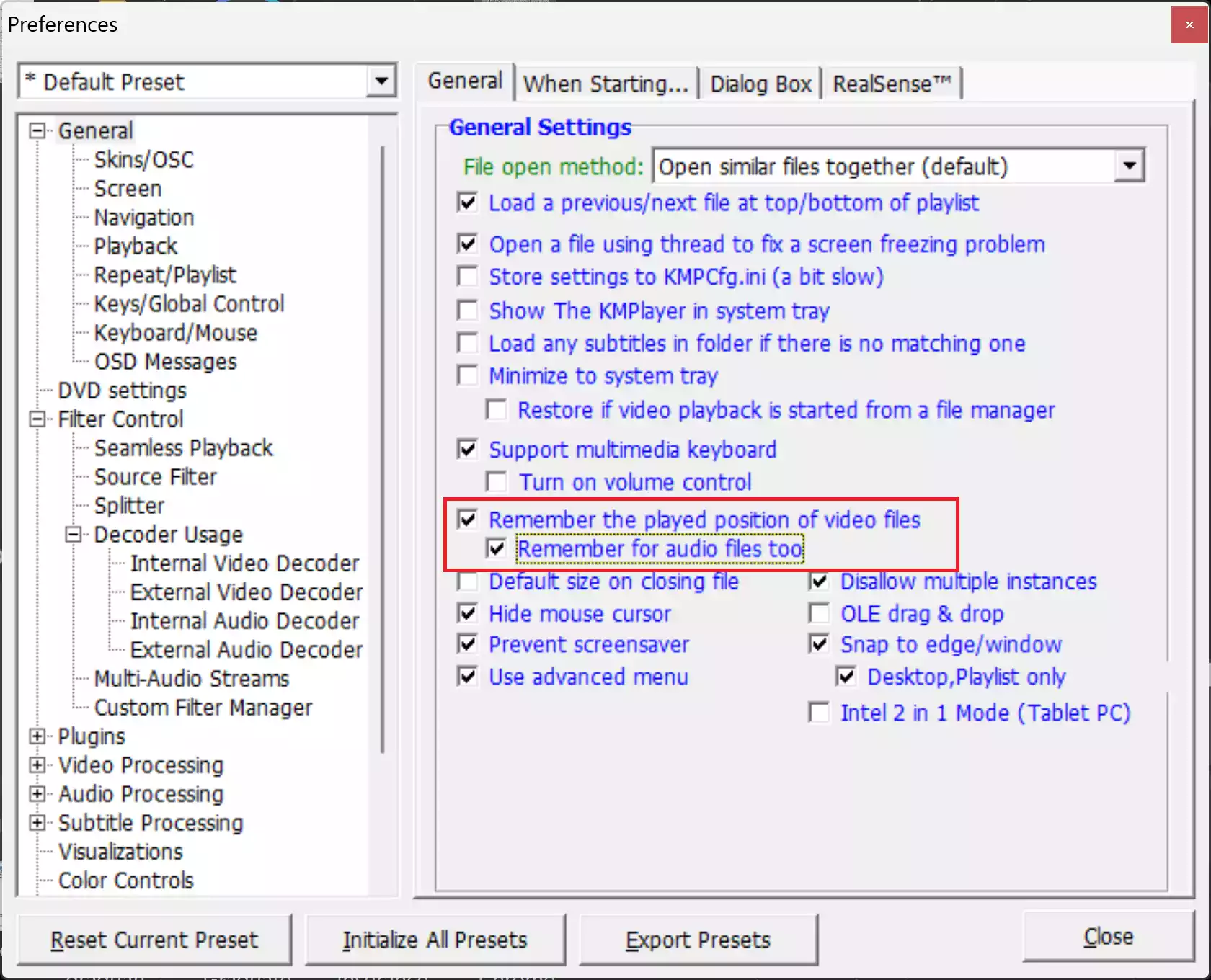 KMPlayer settings to remember last played position for videos and audio